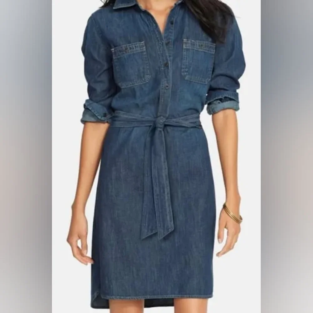 Ralph Lauren Lauren Tie Waist Sash Belt Longsleeve Denim Shirt Dress In Blue - Picture 1 of 10
